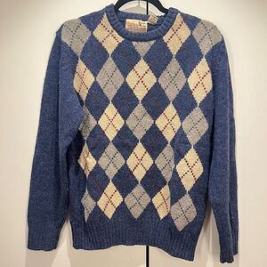 Highlands Shetland 100% Wool Blue White Diamond Sweater - Large